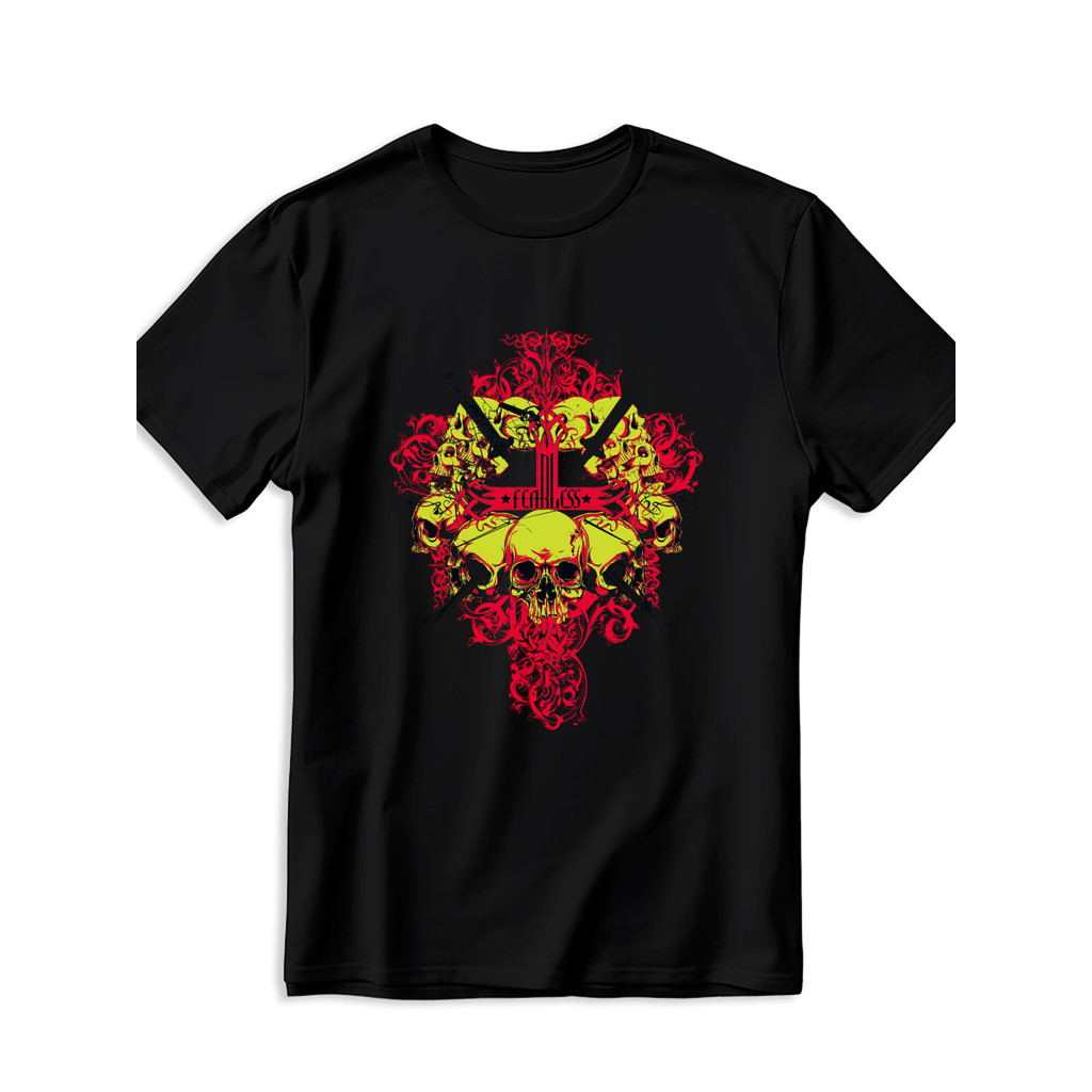 Kaos Pria Gambar Tengkorak & Bunga - Kaos Katun Lembut Seni Hitam Merah, Kaos O-Neck Kasual