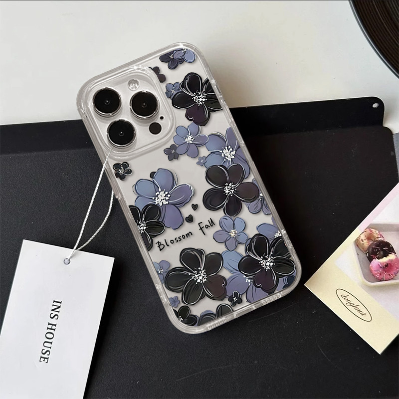 Case iPhone 13 11 Airbag clear Premium Desain Bunga kecil berwarna biru-ungu untuk IPhone 15 15 Pro 