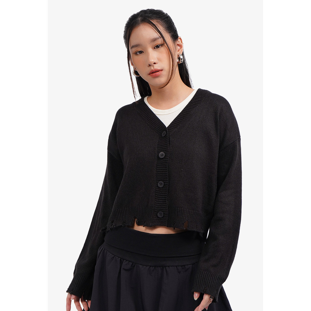 ANARASY   COLORBOX Distressed Long Sleeve Knit Cardigan Black