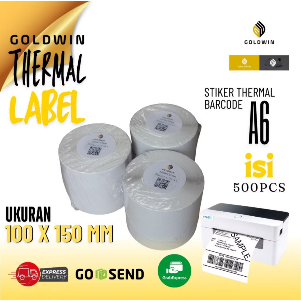STICKER KERTAS THERMAL LABEL 100X150 MM A6 500 LEMBAR GOLDWIN - streosfan