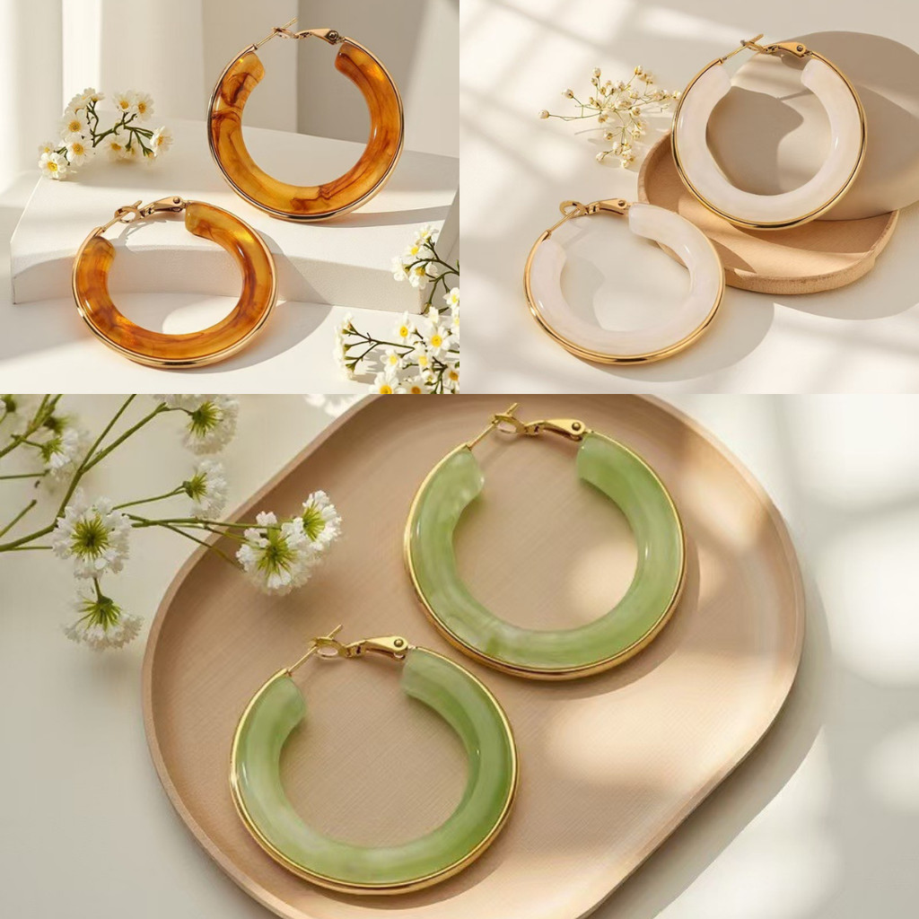 Anting Titanium Giok Resin Wanita Anti Karat Dan Anti Luntur Asli Anting Wanita Besar Gold Jade Mini