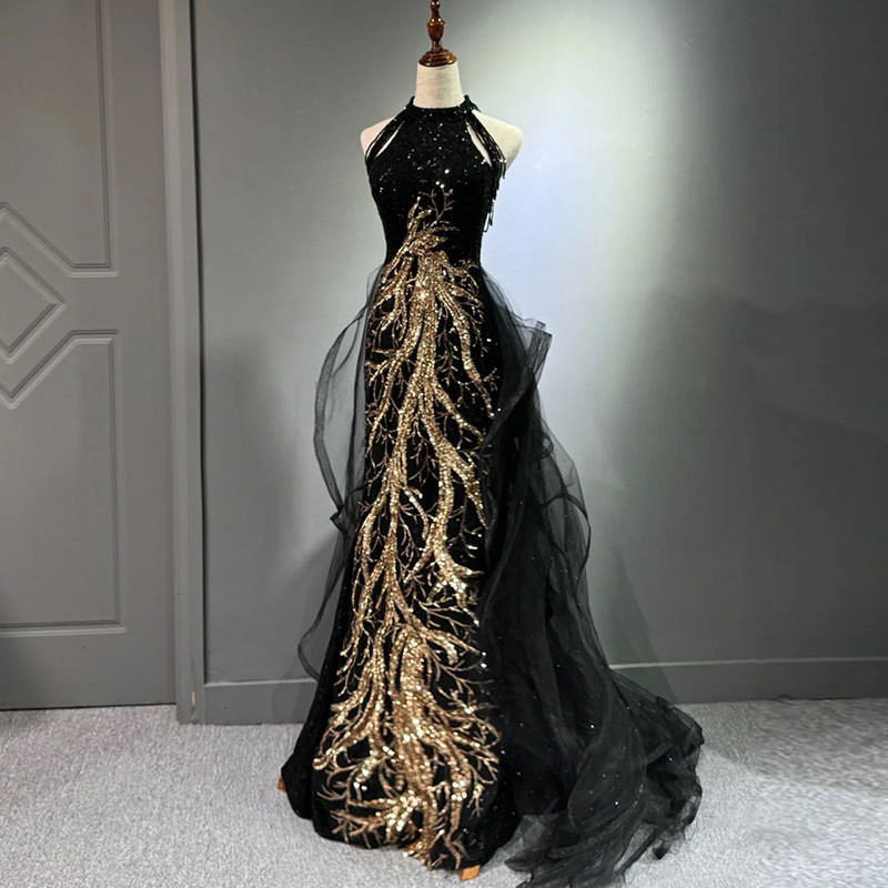 FW25-24917 Gaun Pesta Wanita. Women's Hater Neck Gold Beaded Black Sequins Evening Dress