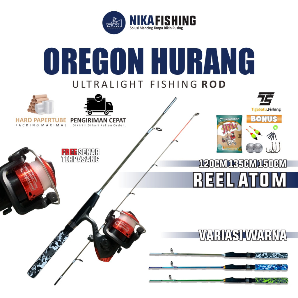 Paket Pancing Udang Super Lentur dengan Joran Oregon dan Reel Atom atau Aluminium Bonus Senar Terpas