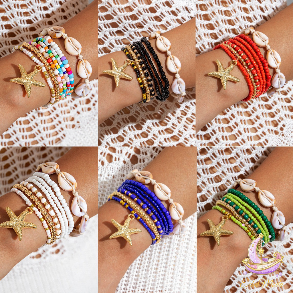 Gelang Tali Tangan Kerang Laut Bintang Laut Butir Beras Mata Bohemia Beranyam Lima Set/Gelang Kerang