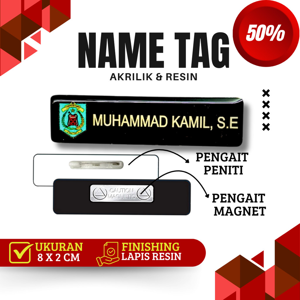 Name Tag Nama Dada Akrilik Magnet Peniti Gold Silver