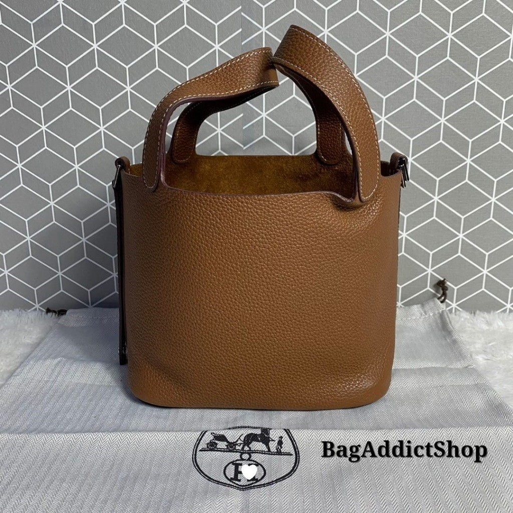 BagAddict Tas H Wanita Kulit Asli Picotin 18 Gold Etoupe SHW SM