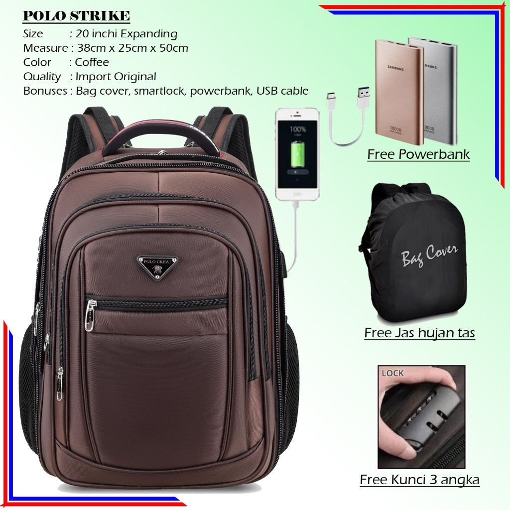 POLO STRIKE SIZE 20 INCHI ORIGINAL IMPORT TAS PRIA TAS RANSEL LAPTOP TAS BACKPACK PRIA IMPORT TAS PO