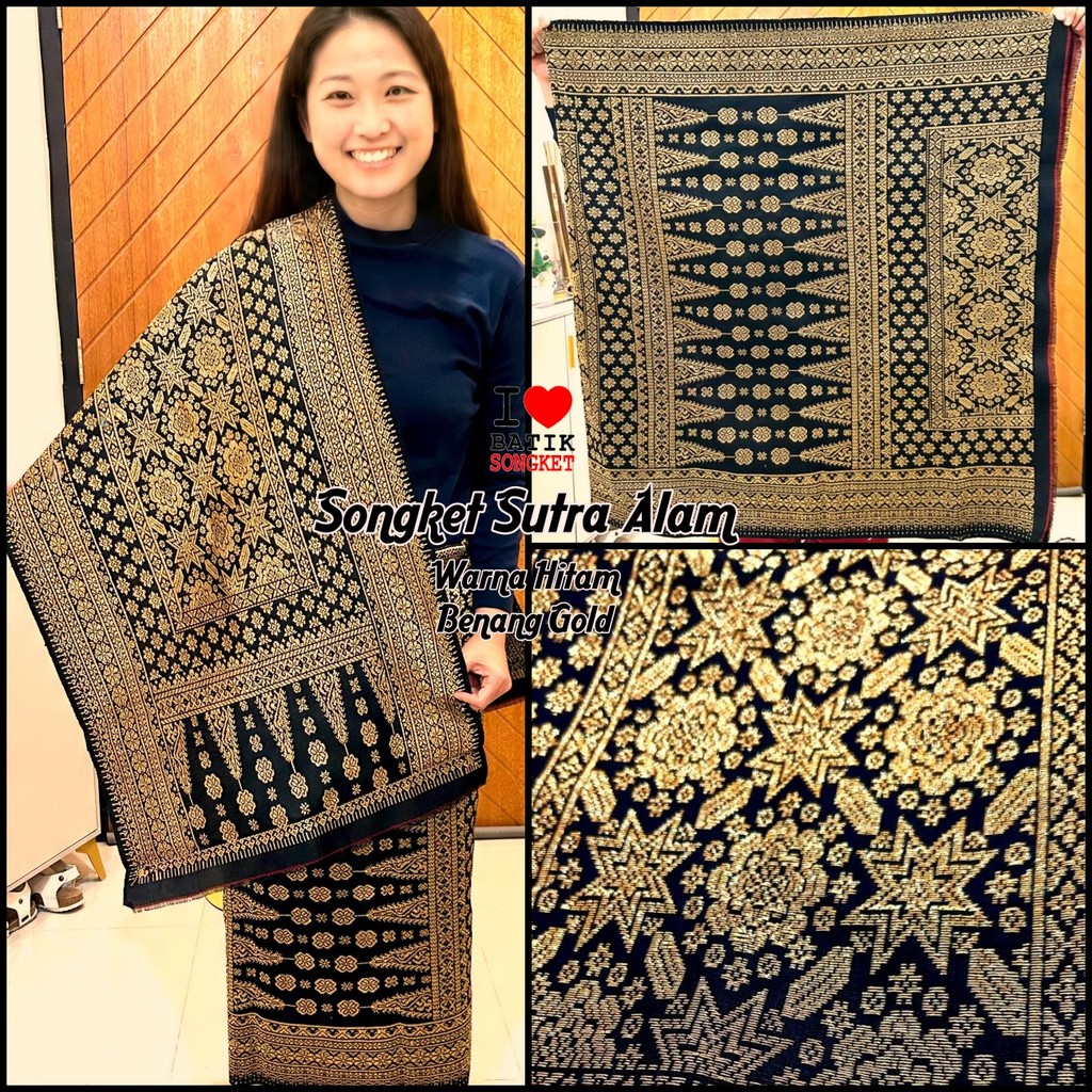 SONGKET SUTRA ALAM MOTIF 8 BENANG EMAS TENUN PALEMBANG MEDAN MINANG LEPUS PENGANTIN HITAM