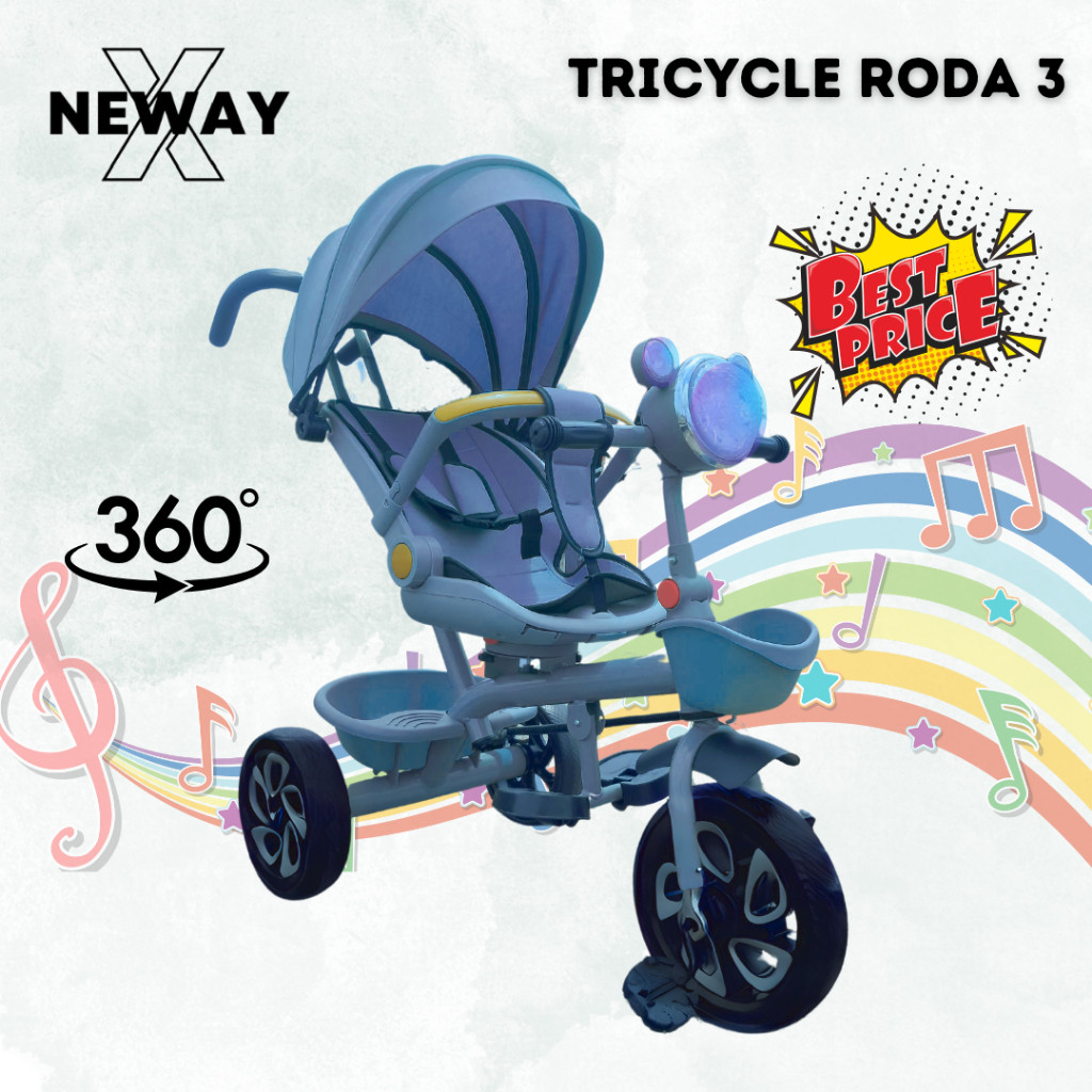 NewayX Sepeda Anak 5in1 Roda 3 Tricycle Bayi Roda 3 Sepeda Stroller Dorong Tidur Duduk Musik Lampu