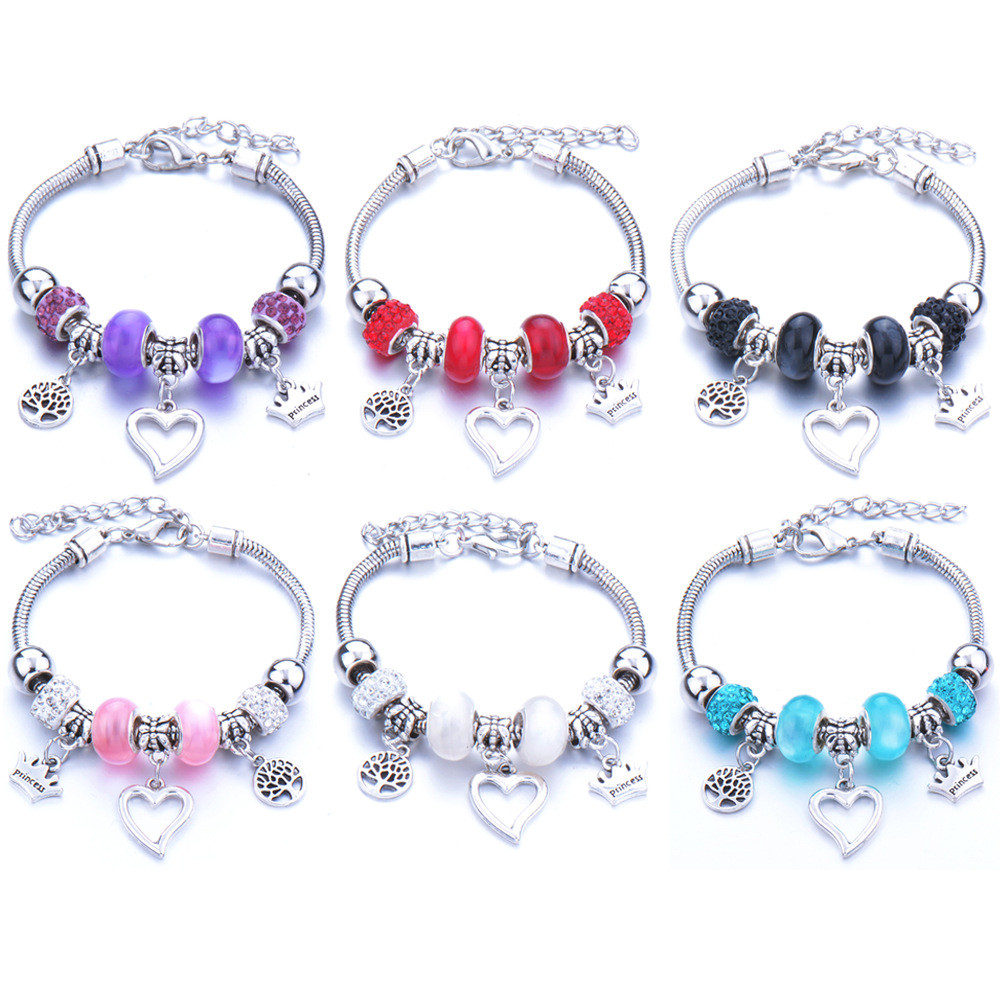 Lubang besar kristal manik-manik gelang manik-manik hati persik, perhiasan manik-manik berkaca gaya 