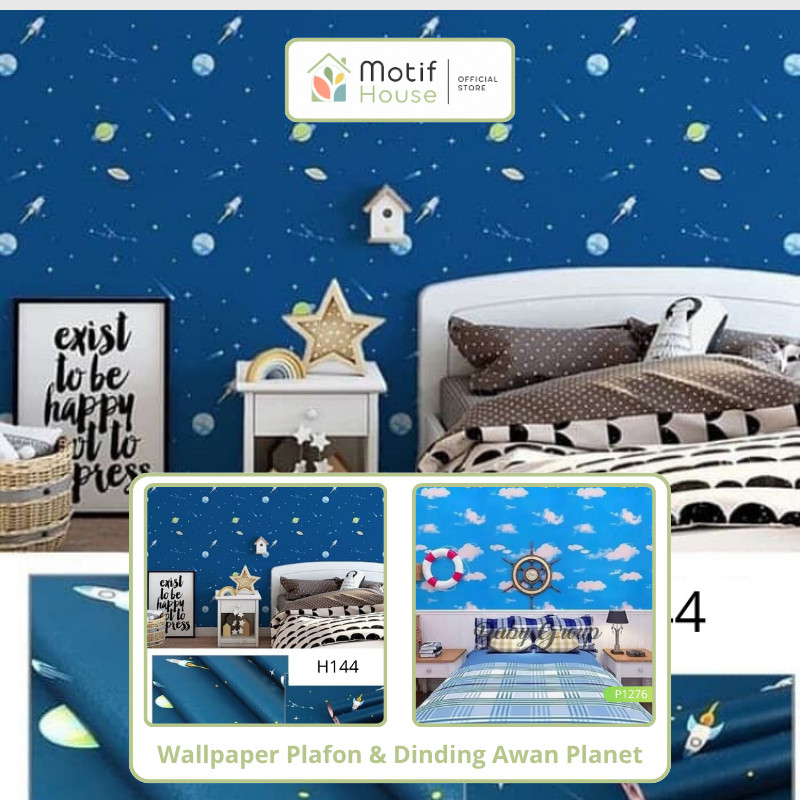 Wallpaper Plafon & Dinding Awan Planet Pesawat Biru Tua Muda Ceiling Plastik GH144 GH001 GH141 CY110