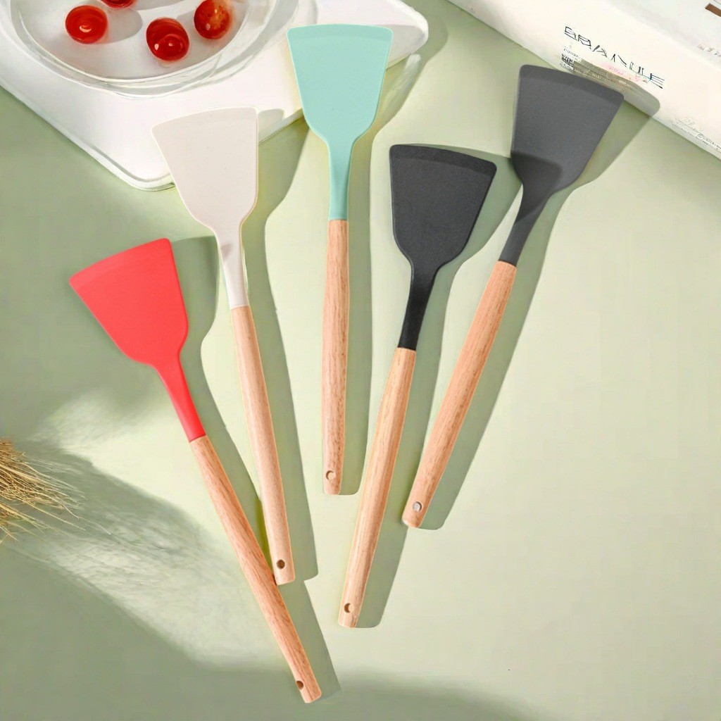 Spatula Silikon Gagang Kayu Estetik / Sodet Spatula Masak Anti-Gores Anti-Panas Premium Sutil Masak 