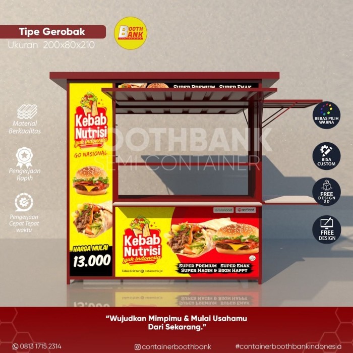 Booth Gerobak Container Ukuran 200 x 80 Untuk Jualan Kebab / Burger