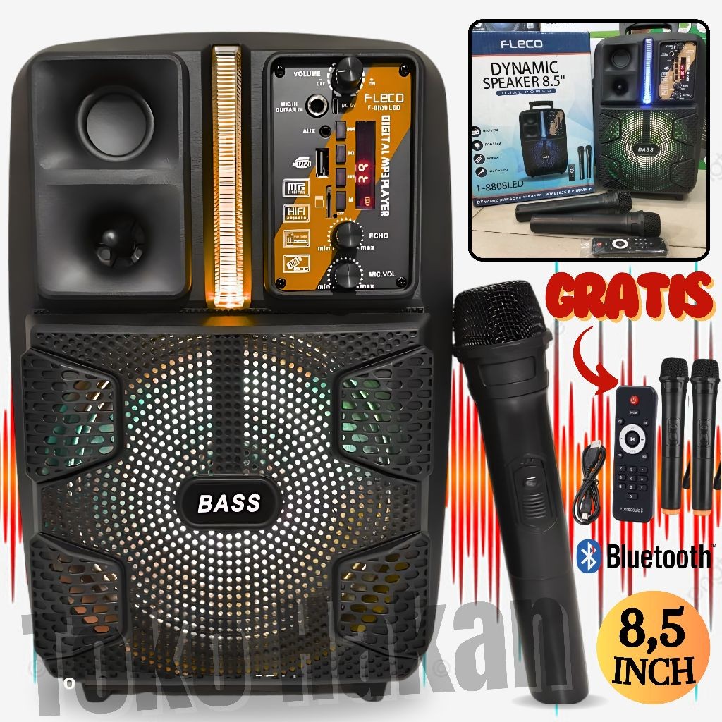 smart Speaker Bluetooth Fleco F-8808 LED / Speaker 8,5 Inch Bonus 2 Mic Wireles + Remote + Kabel Cha