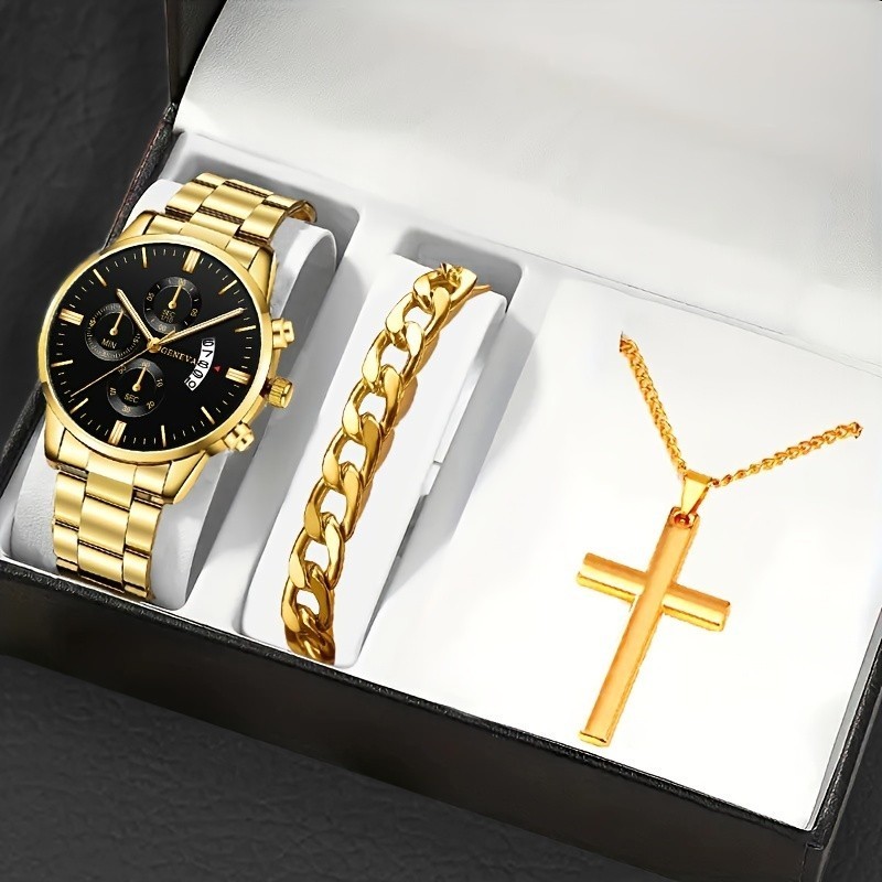 3PCS Pria Jam Tangan Bulat Dial Bisnis Stainless Steel Strap Quartz Watch Dan Gelang Kalung Hadiah S