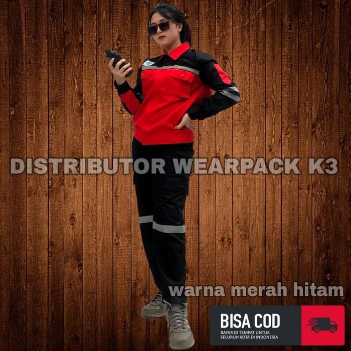 baju wearpack kerja stelan baju dan celana safety APD K3 - merah vs hitam, M
