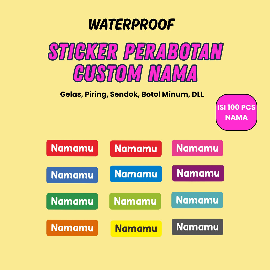 

100Pcs Sticker Custom Nama Piring Sendok Botol Barang Perabotan Stiker Ajaib Waterproof Timbul Label