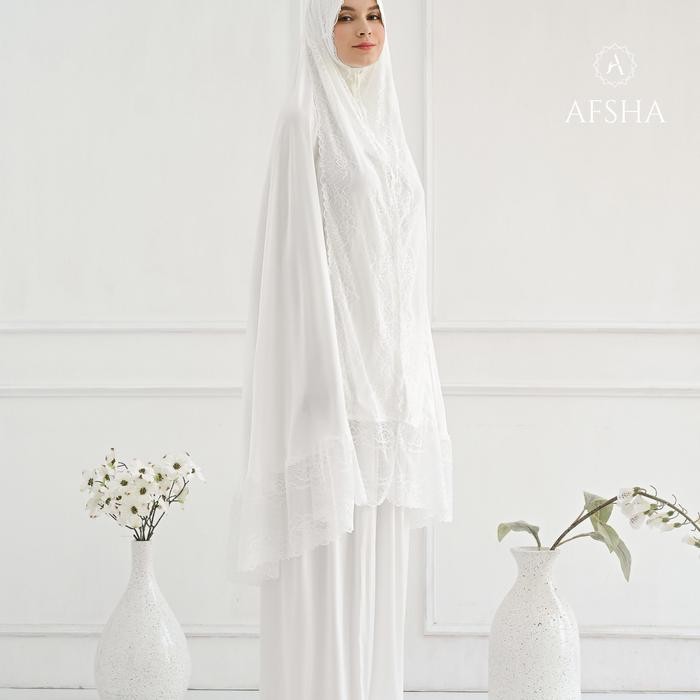 Afsha - Mukena Dewasa Silk Premium (Free Sajadah, Pouch & Box Hampers) - Putih BW, Dewasa