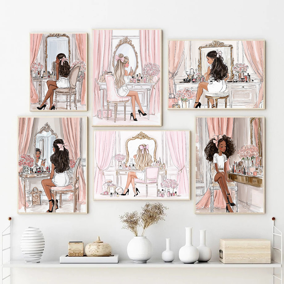 

Modern Pink Fashion Girl Cartoon Illustrations Posters Prints Canvas Painting Wall Art Picture Living Room Girls Room Home Decor