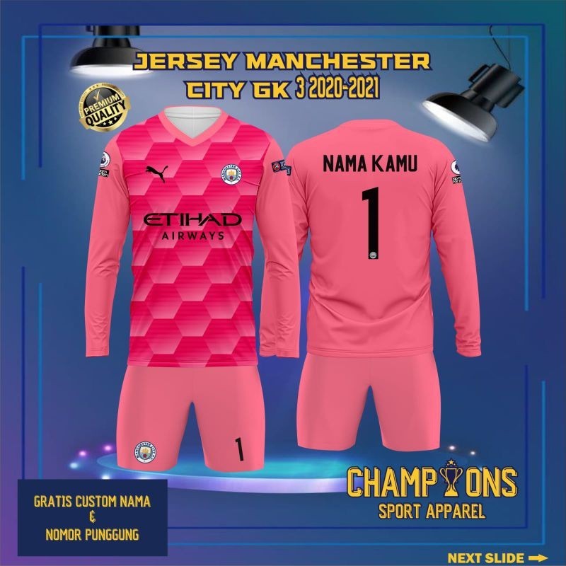 Jersey Klub MANCHESTER CITY GOAL KIPER 3 2020-2021 Lengan Panjang Liga Champions UEFA, Jersey GK Ber