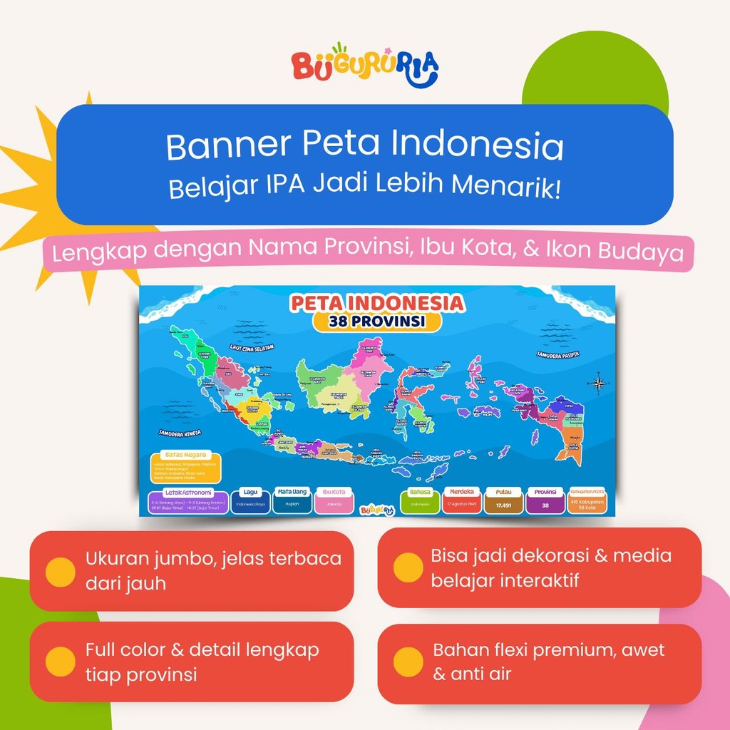 BuGuruRia - Dekorasi Peta Indonesia Full Color Jumbo 1M x 0.5M Bahan Flexi Premium Anti Air & Edukat