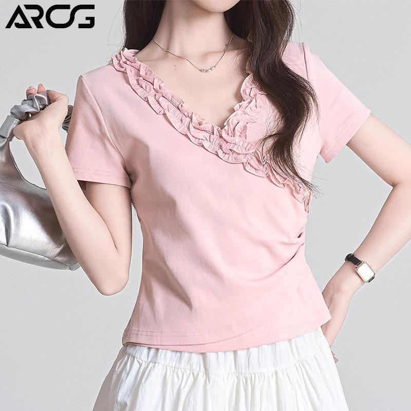 【ARCG】Merah Kaos oblong lengan pendek leher V bergaya Korea, ketat dan ramping untuk wanita Desain r