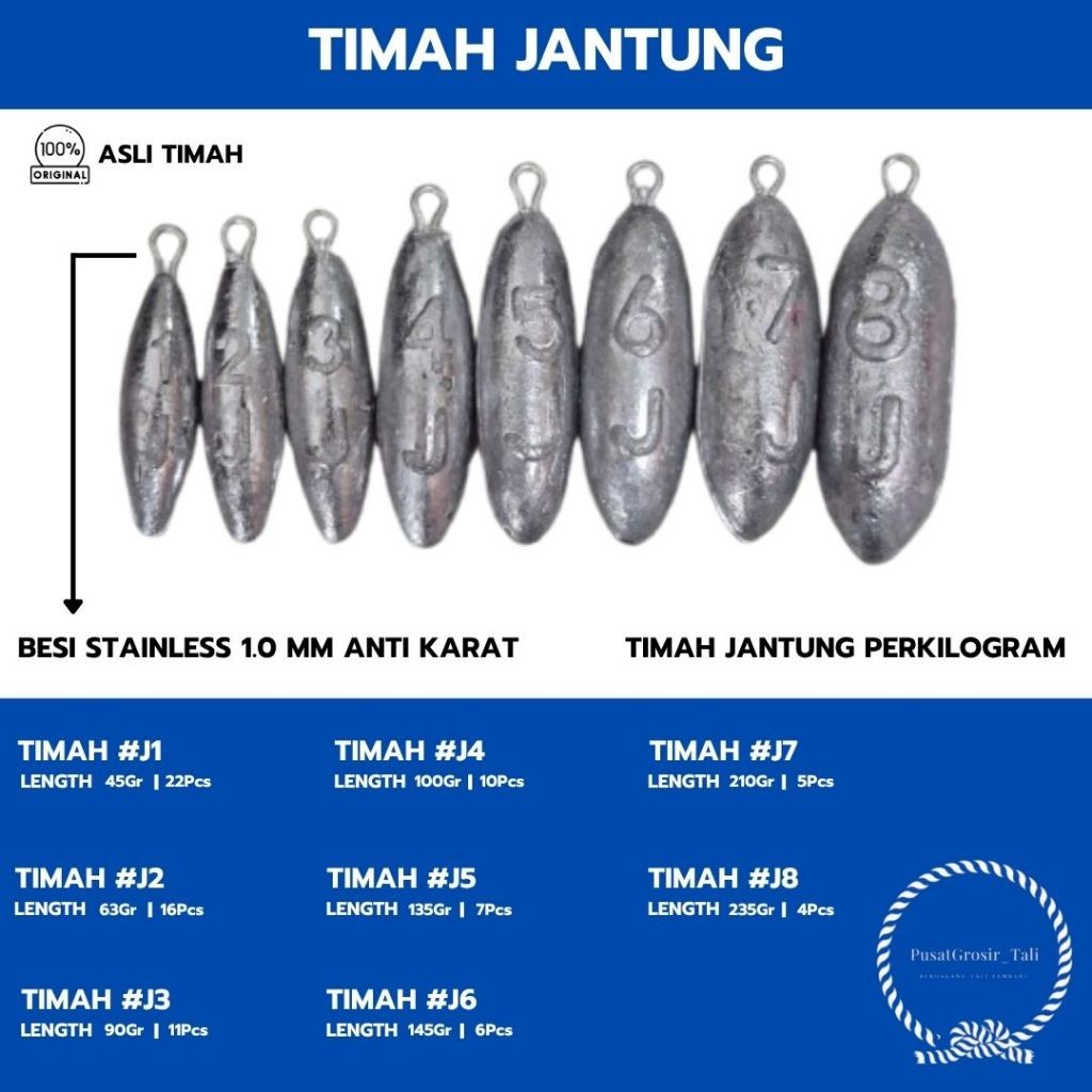 OLAHTRACK Timah Jantung / Timah Pemberat Pancing Jaring BAGUS Ukuran J1-J8