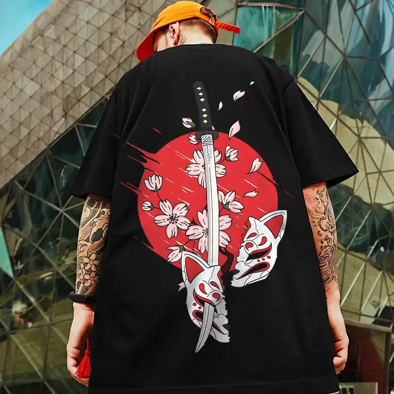 Mode Cetak Kaos Retro Pria Cetakan Pedang Samurai Jepang  Pakaian Pria Jalanan Harajuku Kaos Lengan 