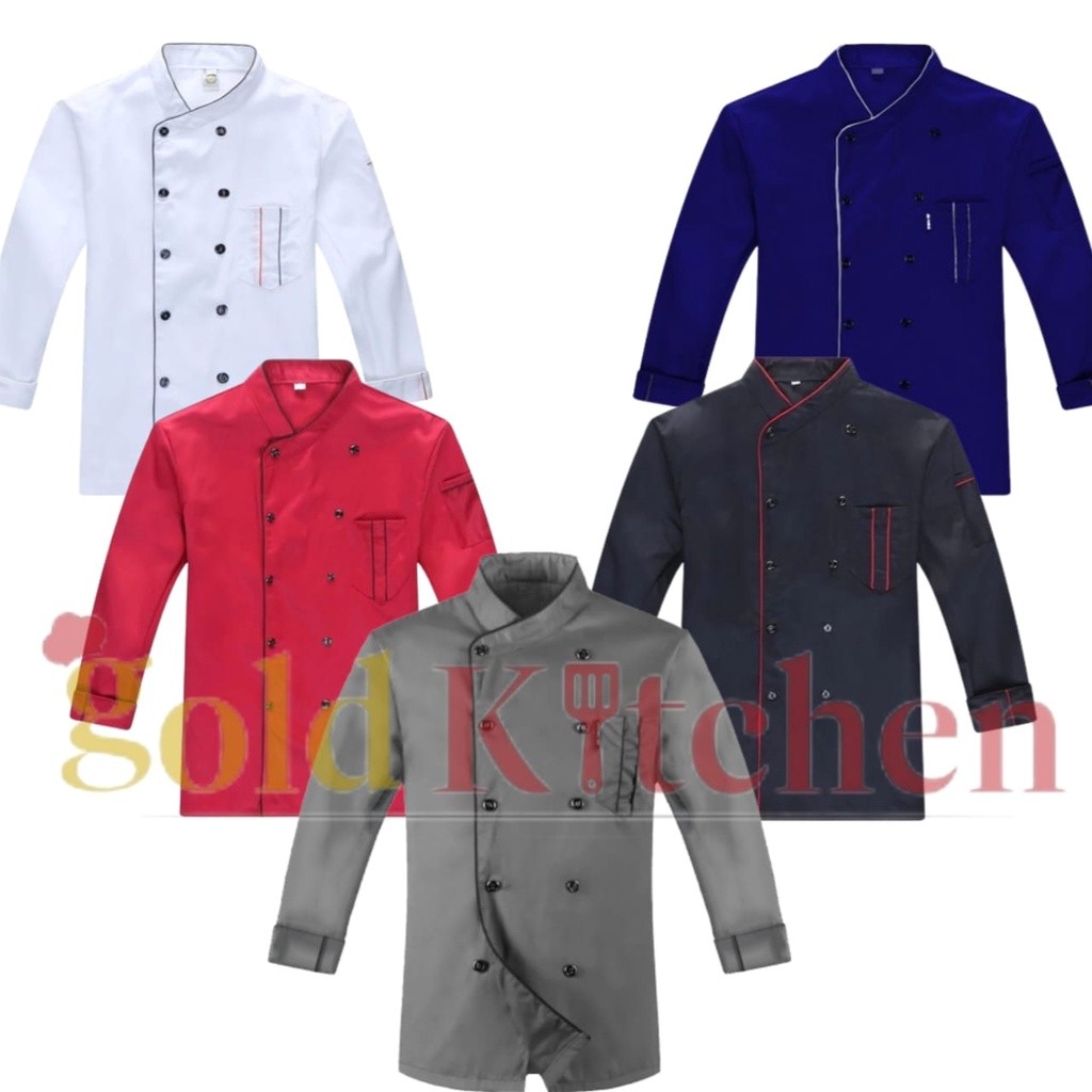 RIRUSHOP Baju Koki Chef Jacket Baju Chef Lengan Panjang Pria Wanita Bahan Drill