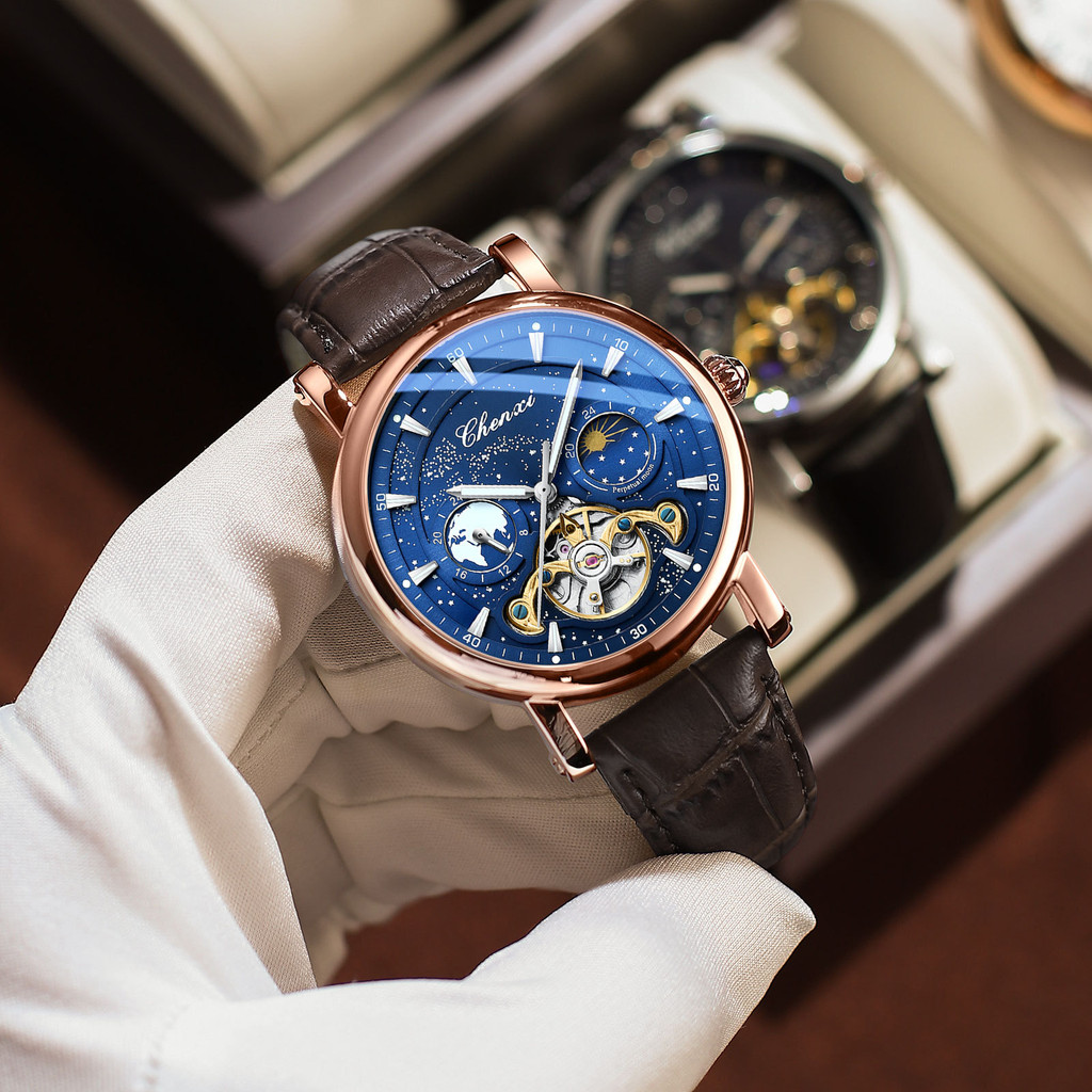 Dawn Galaxy Moon Phase Skeleton Flywheel Mechanical Watch Men's Automatic Luminous Business Leather 