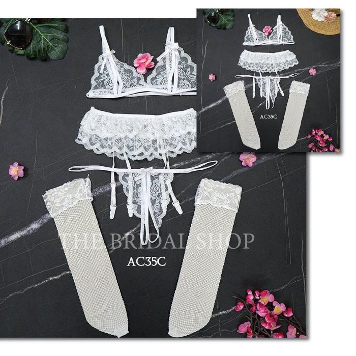 Garter Belt CD Bra Stocking Lace Transparan Stretch Lingerie Wanita AC35C