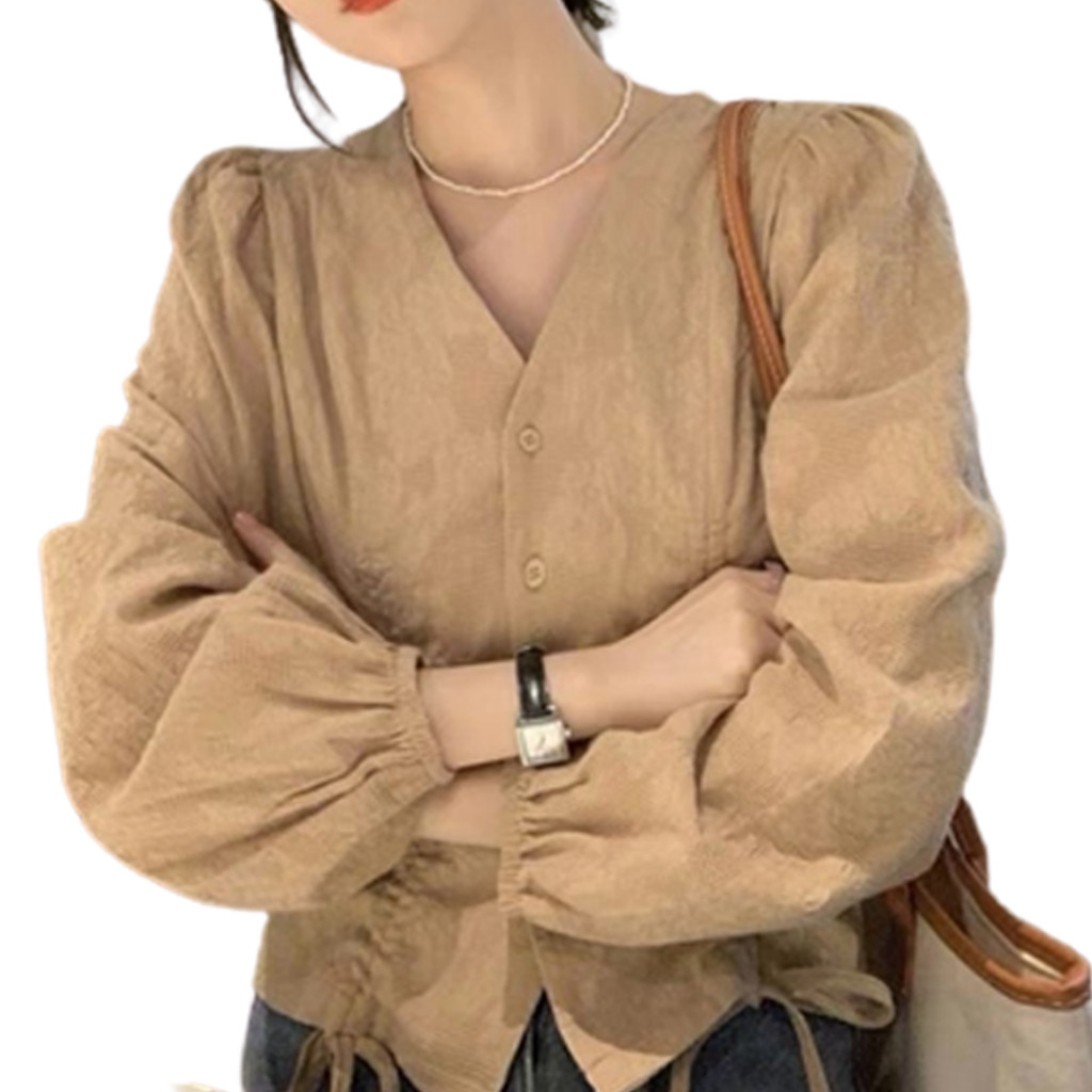 Atasan Lengan Panjang Wanita Lengan Balon Serut Tali Kemeja Katun