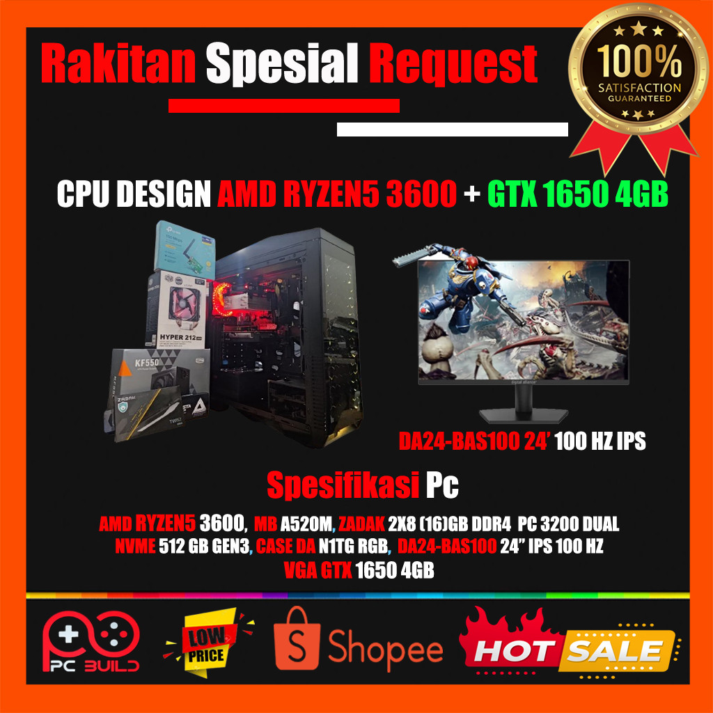 PC Design Amd Ryzen5 3600 Ram 16GB 8X2 DDR4 NVME Wifi VGA GTX 1650 4GB - Rakitan Fullset Sold