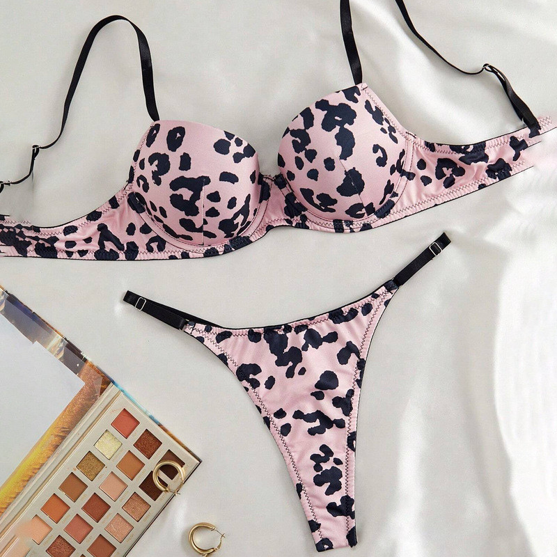 LadyAllure COD Set Bra Wanita Motif Leopard Pink Push Up Thong Seksi Lingerie Nyaman Pakaian Dalam