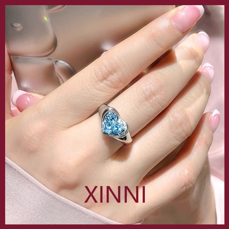 XINNI Cincin Batu Permata Bentuk Hati 2 Karat Berlian Biru Aquamarine Berlian Buatan Niche Nuansa Me