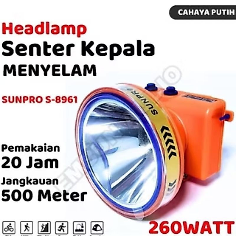 Senter kepala menyelam sunpro s-8961 260watt senter kepala selam cahaya putih