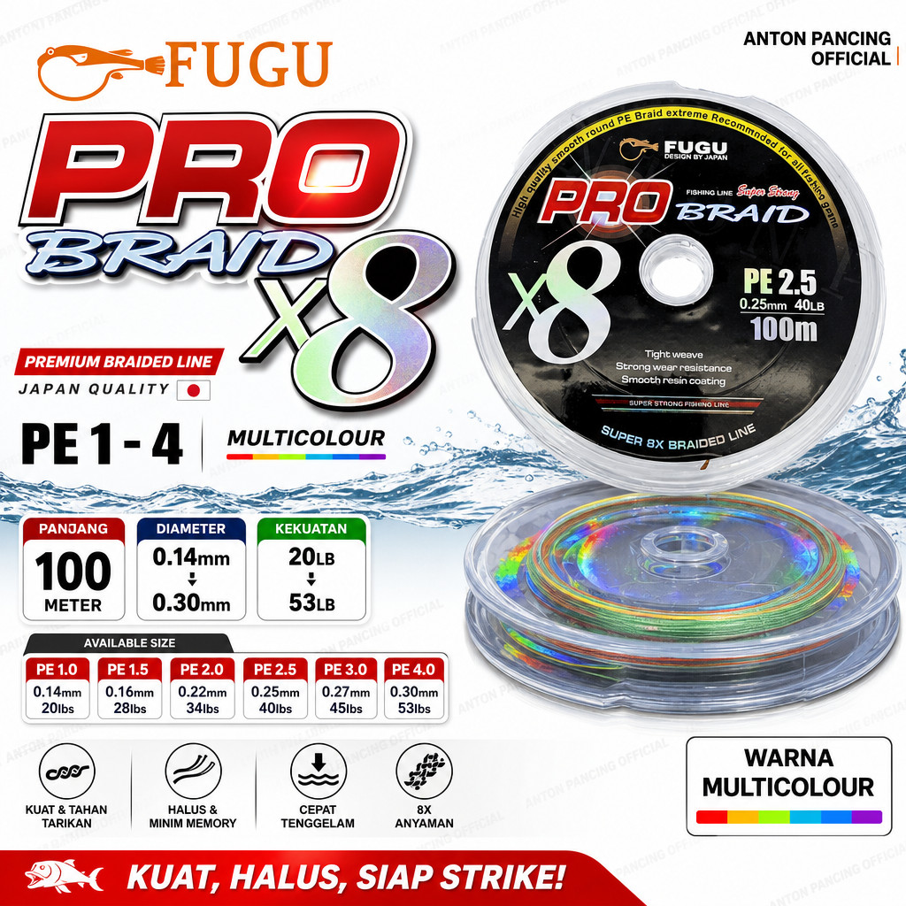 Senar Pancing Fugu Pro Braid X8 PE 1 s/d 4 Panjang 100 Meter Cepat Tenggelam Japan Quality Lembut da