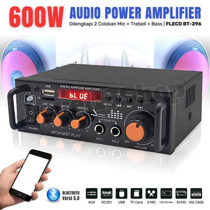 TERBARU 2026 Amplifier Bluetooth FLECO BT-296 - 2 Channel 300W+300W | Bisa Angkat Speaker 12 Inch, U