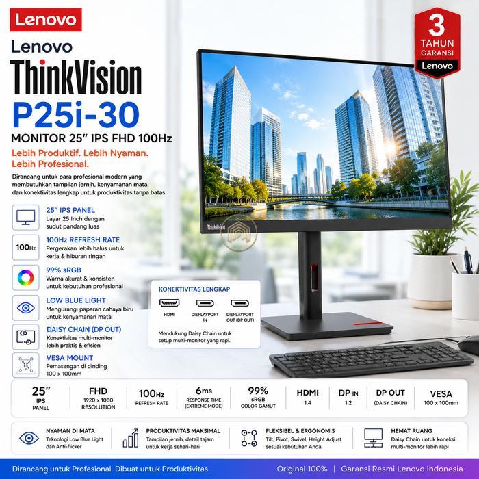 Monitor Lenovo ThinkVision P25i-30 25 Inch IPS Full HD 100Hz HDMI DisplayPort DP Out Daisy Chain 99%
