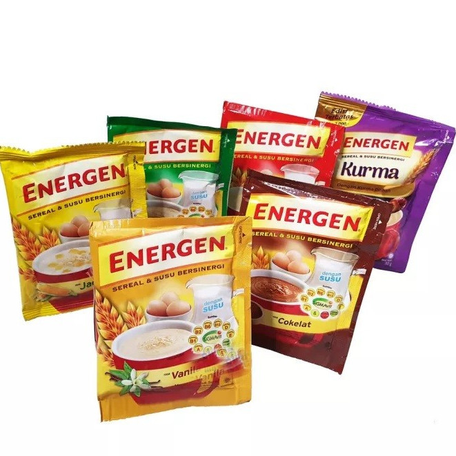 

New ENERGEN/COKLAT/VANILA/KACANG IJO/JAHE/KURMA 32g RENCENG KEMASAN BARU ISI LEBIH BANYAK ( ISI 10 )Premium