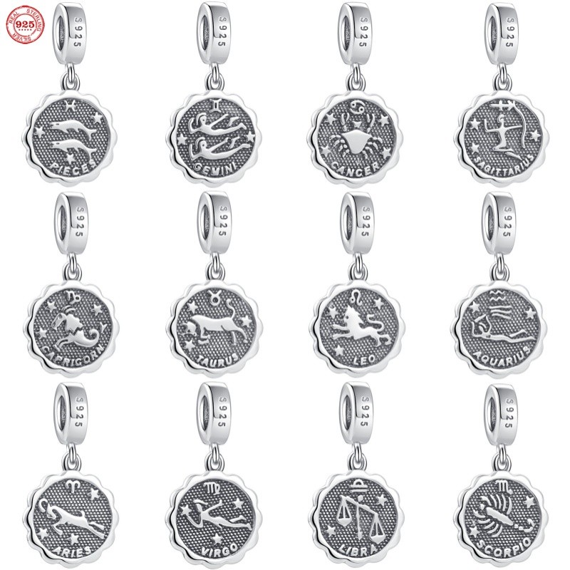 NEW 925 Silver plated 12 Constellation Zodiac Round Beads Fit Original Pandora Bracelets Charms Jewe