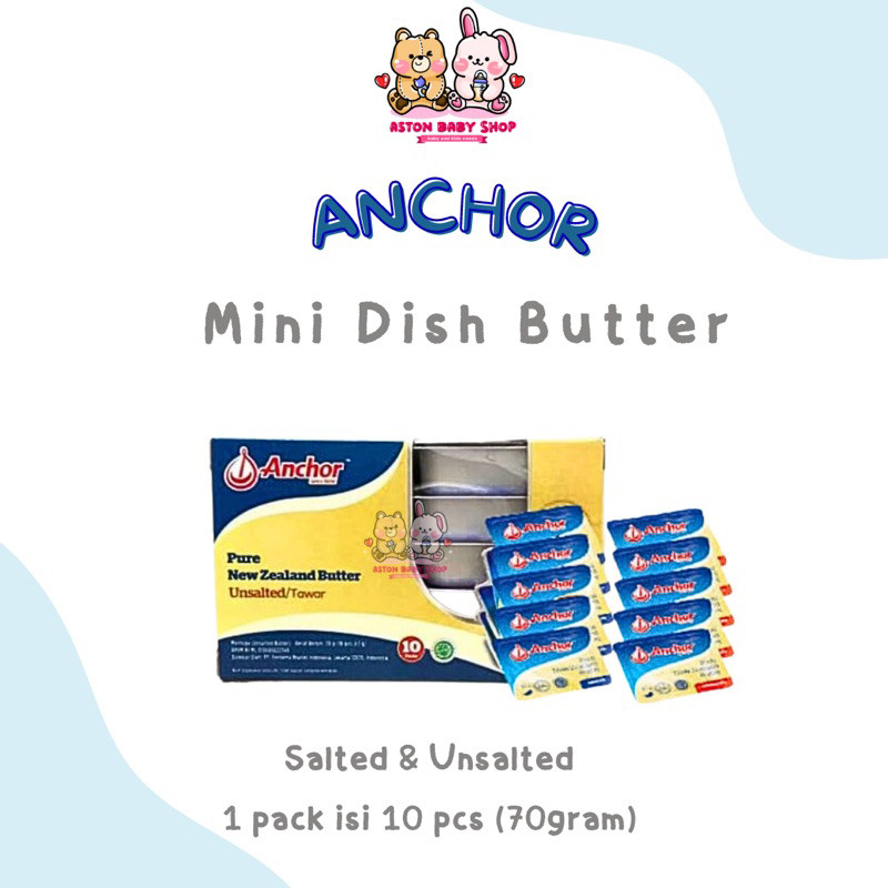 

Anchor Mini Dish Salted & Unsalted Butter 1 pack isi 10 pcs (70 gram) Pure New Zealand Butter Mentega Mpasi - Butter Mpasi Tanpa Garam / Butter Mpasi Salted - Mentega Mpasi Unsalted Mini Individual Pack - UB Mpasi Bayi