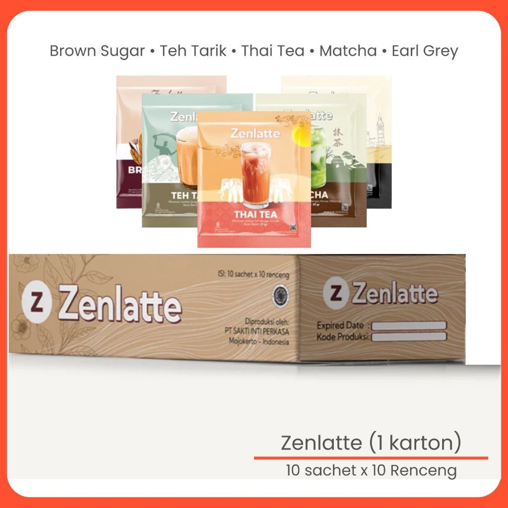 

Zenlatte 1 Dus Karton Minuman Serbuk Bubuk Thai Tea Brown Sugar Matcha Earl Grey Teh Tarik 27gr