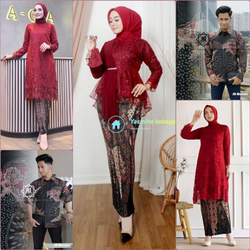 SAXCSHOP Couple Kebaya Brukat Tille Maroon Set Kemeja Batik Pria SR Maroon / Setelan Kebaya Merah Ma