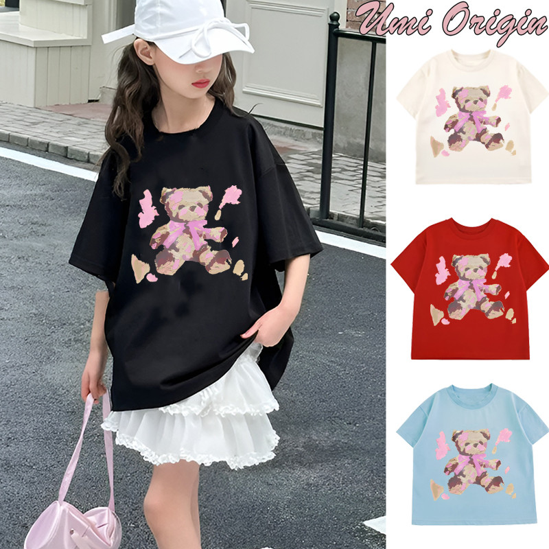 Umi Origin Kaos anak cetakan cewek Manis Korea Oversize  2-15 Tahun kaos Cetakan Kombinasi beruang &