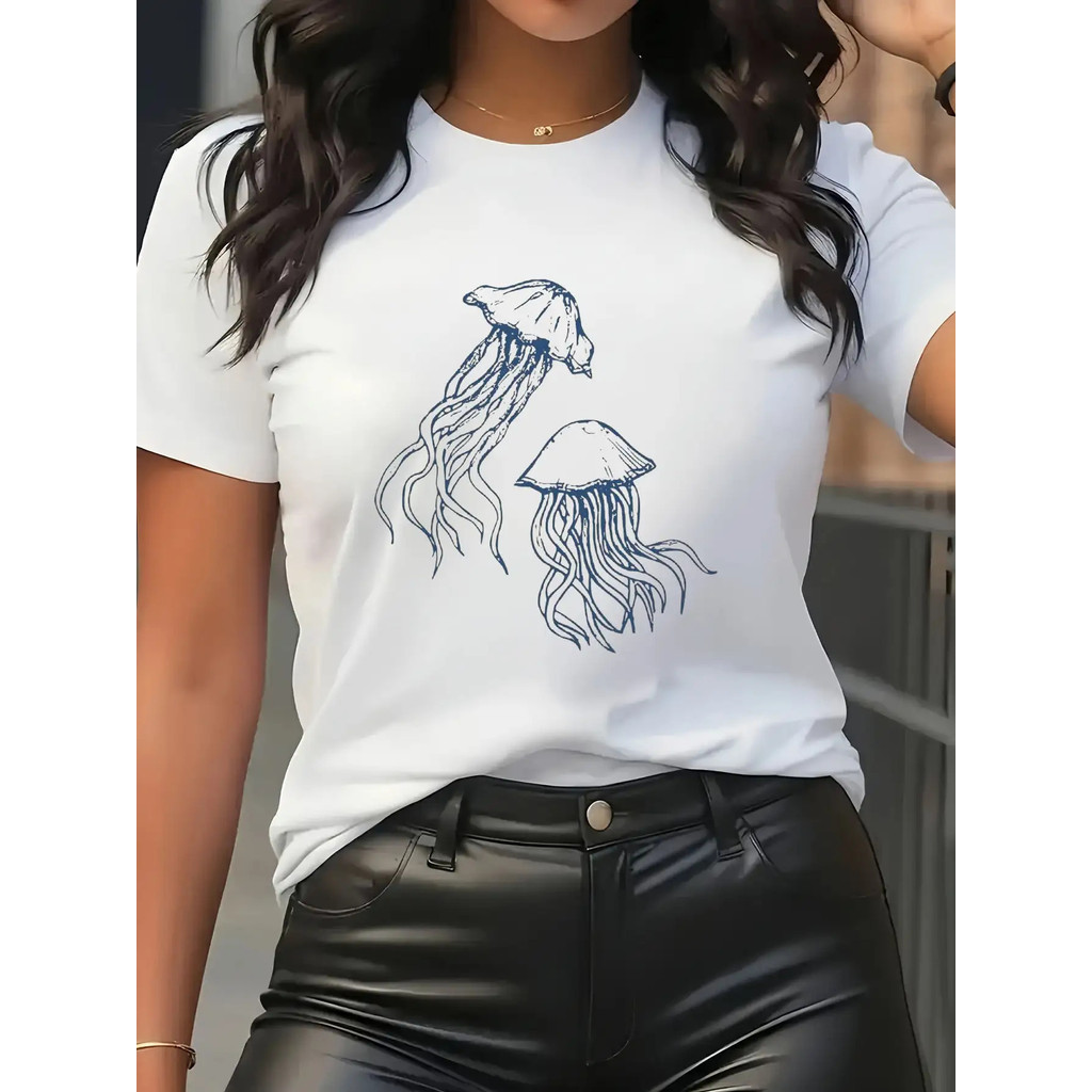 Kaos Putih Wanita dengan Cetakan Ubur-Ubur Biru - Atasan Lengan Pendek Leher Bulat Ringan Santai, Co
