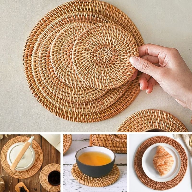4 Ukuran  Anyaman Rotan Alas Tatakan Piring Panci Anti Panas Coaster Placemat Tatakan Anyaman Rotan