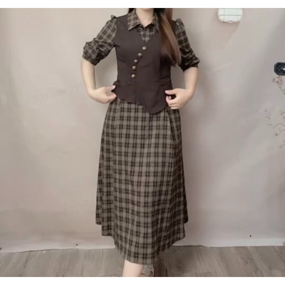 FADFAD Gaun Wanita|Palsu Dua Potong Rompi+Kemeja|Motif Kotak Vintage|Lengan Balon Kerah Kemeja|Gaun 