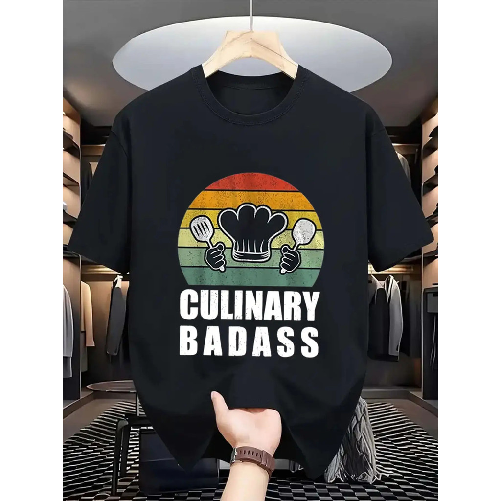 1pc Kaos Grafis Koki Pria - Kaos Memasak Berat dengan Desain Kulinari Badass, Topi Koki & Peralatan 