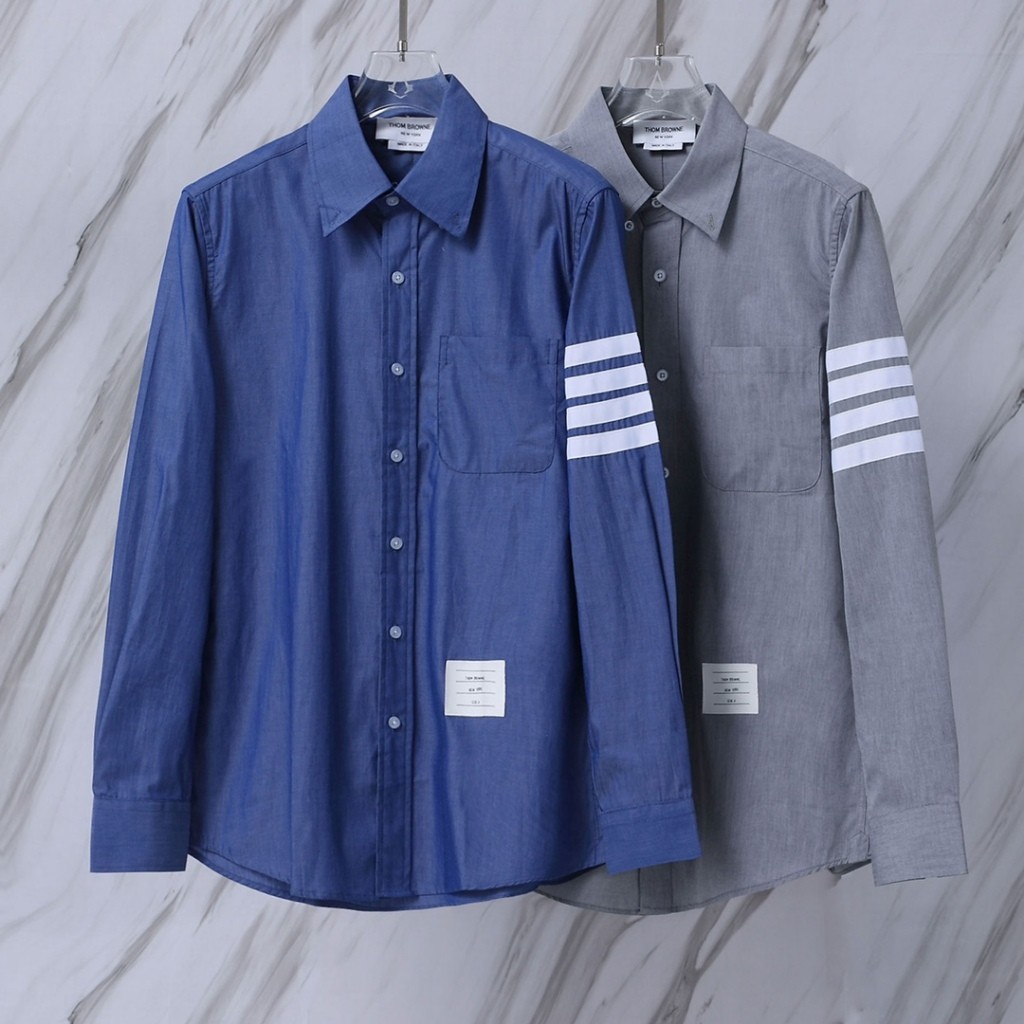 THOM./TB kemeja empat garis putih lengan chambray